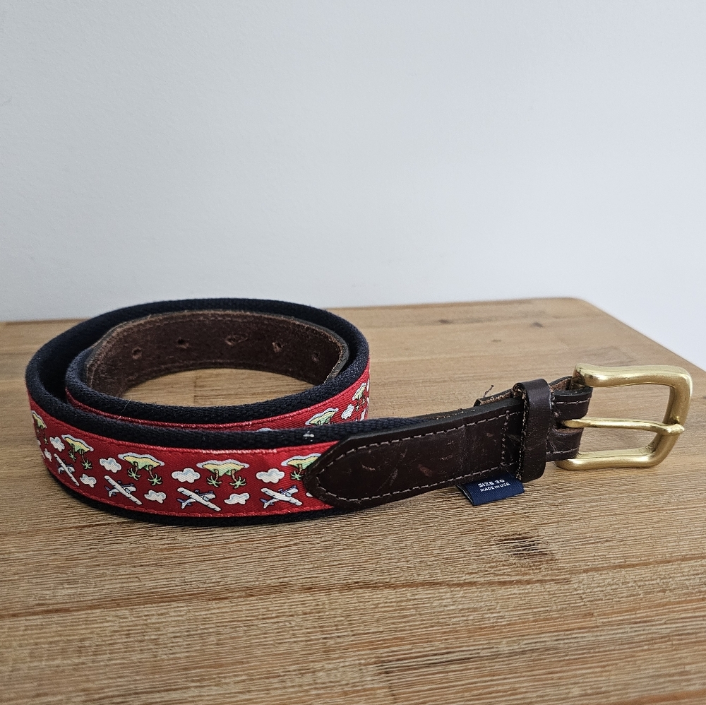 VINEYARD VINES Mens Canvas & Leather Club Belt Airplane, Palm Trees -Size 30